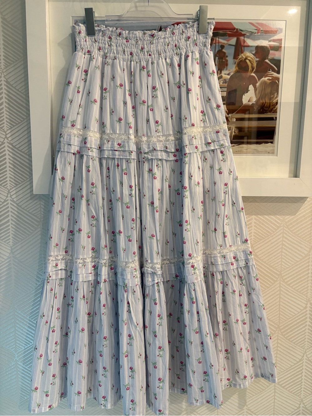 LoveShackFancy White Maxi Skirt with Pink Rose Print